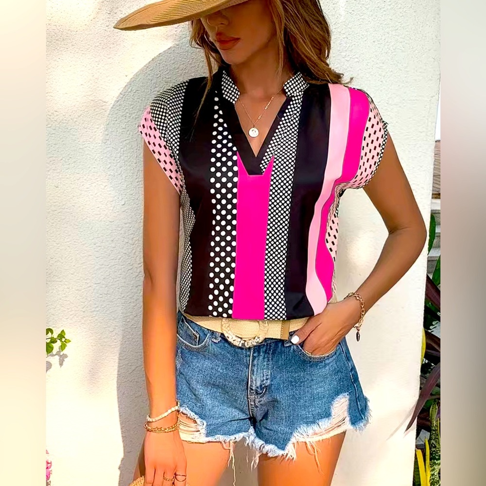 Fabinia Polka Dot & Stripe Blouse V Neck Size L NWOT